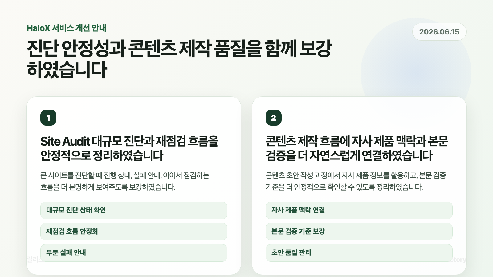 콘텐츠 제작 흐름에 자사 제품 맥락과 본문 검증을 더 자연스럽게 연결하였습니다