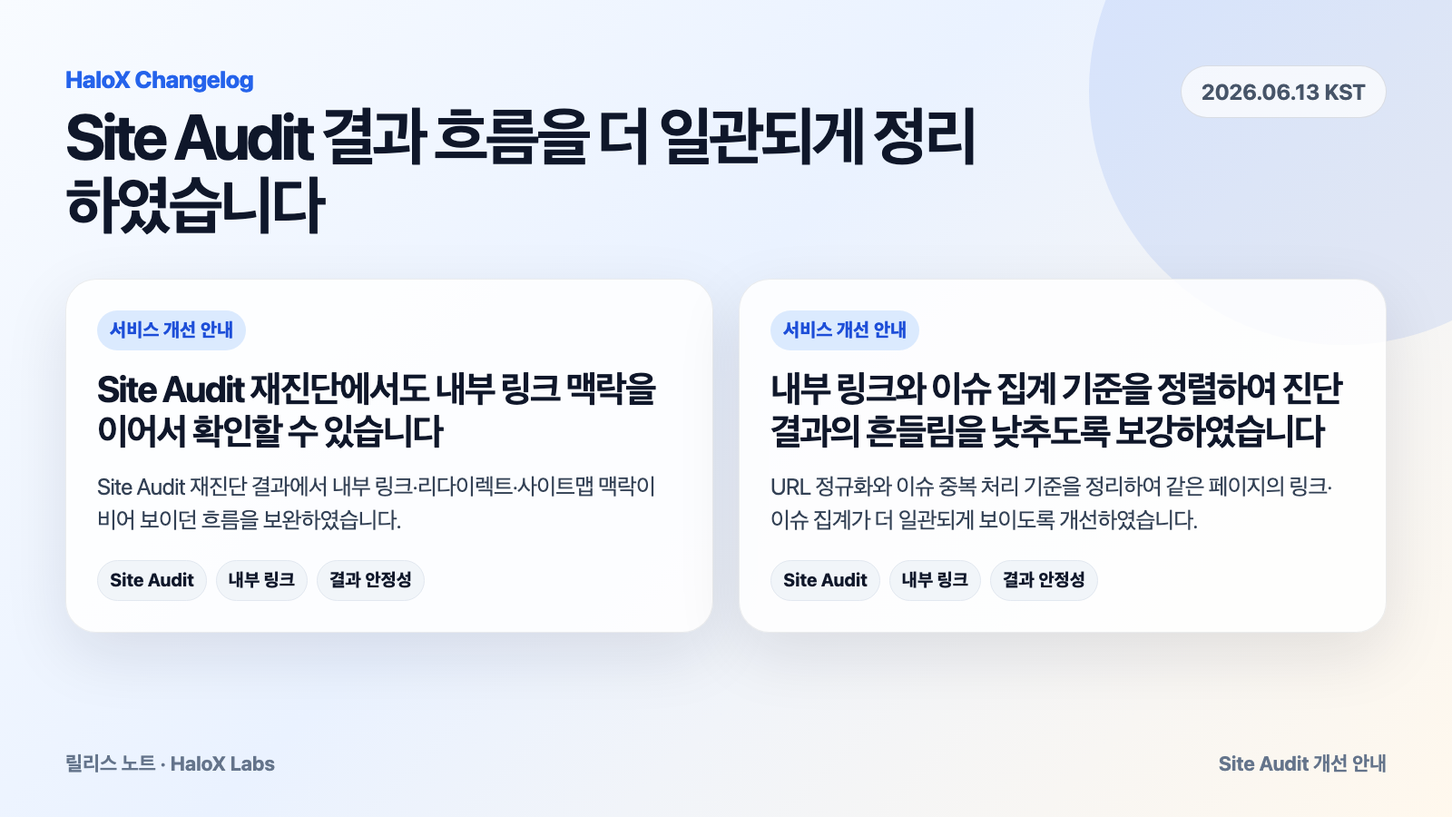 Site Audit 재진단에서도 내부 링크 맥락을 이어서 확인할 수 있습니다