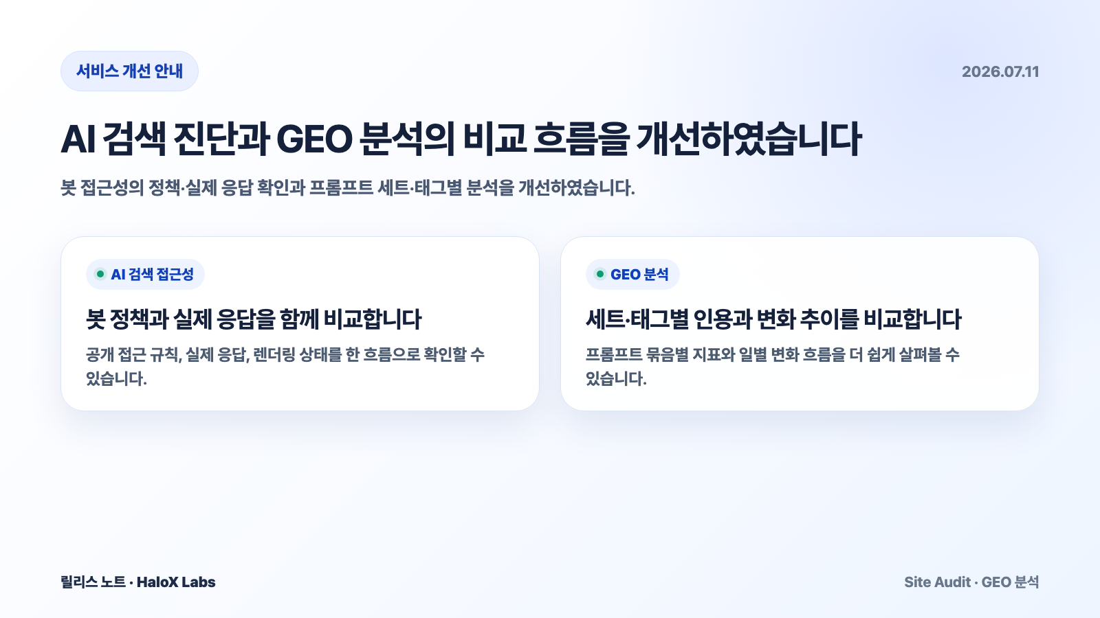 AI 검색 봇의 접근 규칙과 실제 응답을 함께 비교할 수 있습니다