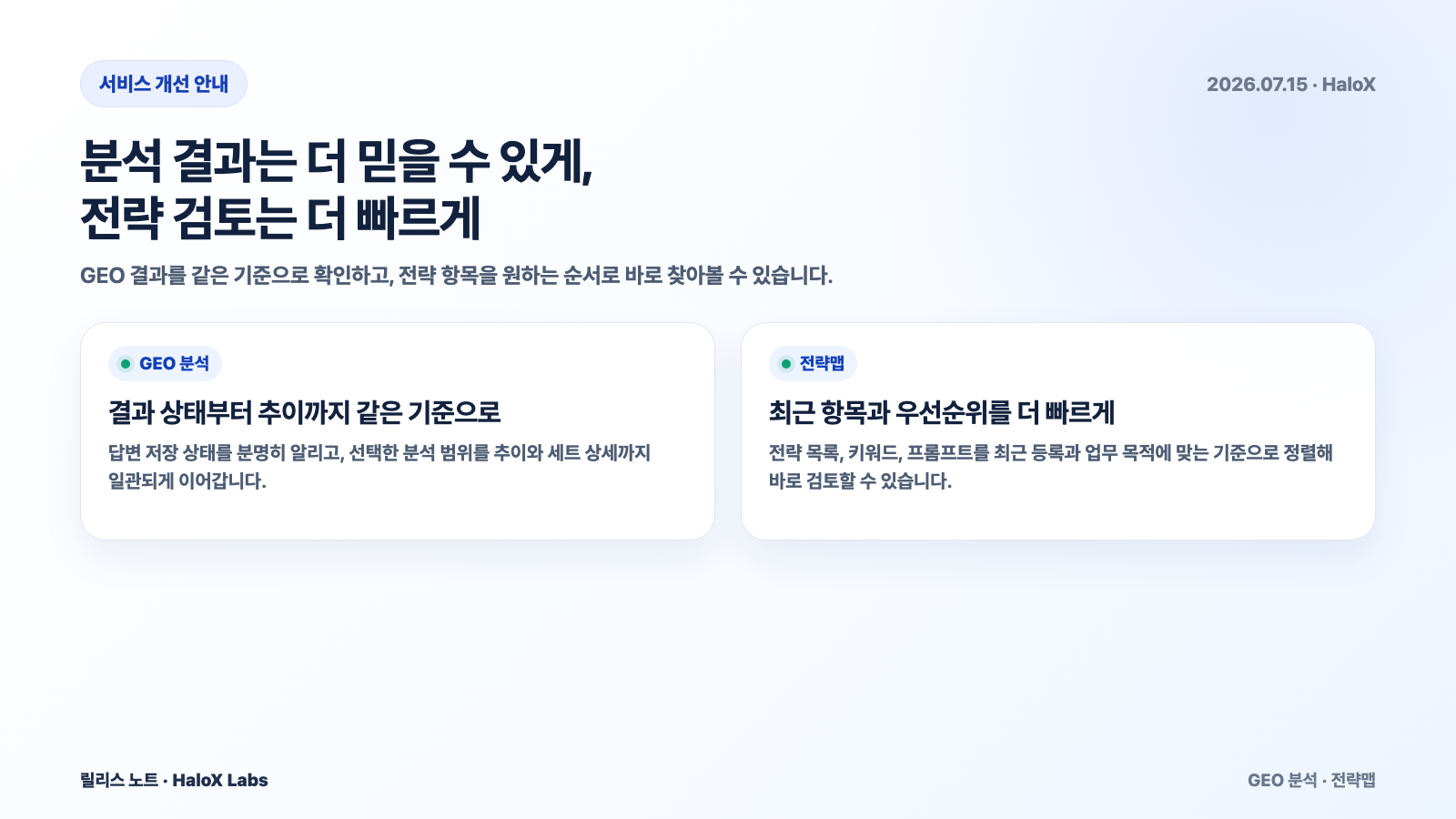 GEO 분석 결과의 상태와 추이를 같은 기준으로 더 믿고 확인할 수 있습니다